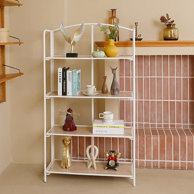 Crofy No Assembly Folding Bookshelf for Living Room, 4 Tier White Collapsible Book Shelf for Home Office, Portable Bookcase Storage Organizer