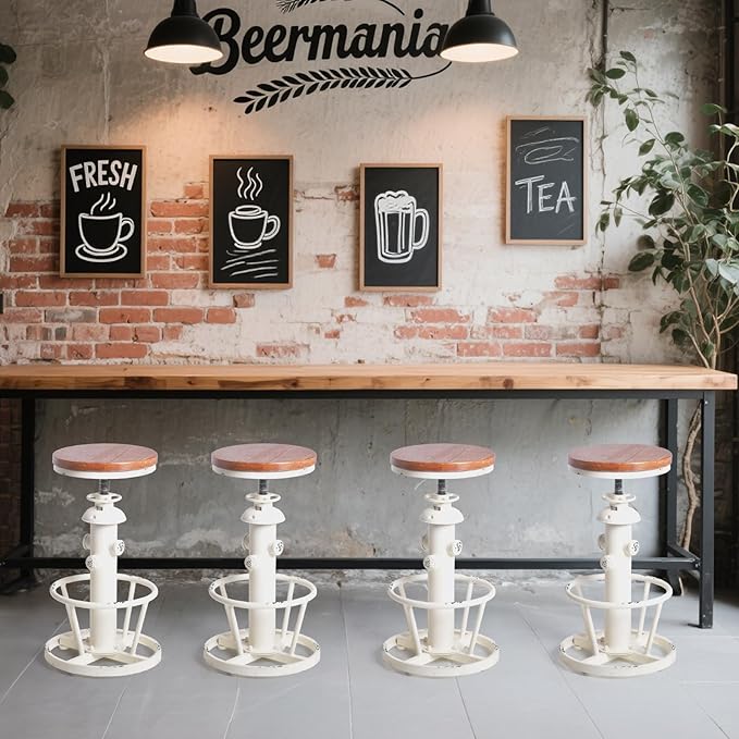 Topower Aged Antique Industrial Round Bottom Adjustable Height Cafe Coffee Retro Vintage Stylish Water Pipe Design Pub Kitchen Bar Stool (Antique White, Wooden Top)