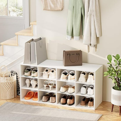 12-Cubby Shoe Rack, 3-Tier Wood Shoe Organizer, Multifunctional Shoe Organizer Bench for Entryway, Mudroom, Hallway, Closet,36.22 * 11.81 * 17.72 Inch,White