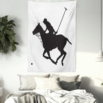Ambesonne Sports Tapestry, Silhouette Illustration of Polo Player on a Horse Hitting a Ball Print, Fabric Wall Hanging Decor for Bedroom Living Room Dorm, 23" X 28", Charcoal Grey