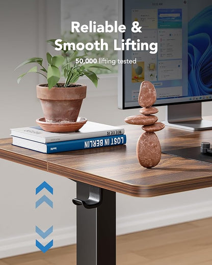 HUANUO 55" x 28" Electric Standing Desk Adjustable Height, 4 Memory Height Settings, Headphone Hook, Cable Manager, Sit Stand Up Desk for Home Office & Computer Workstation, Walnut