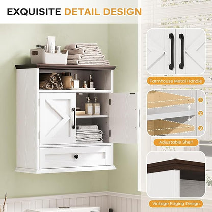 Bathroom Wall Cabinet, Wall Mounted Medicine Cabinet with Drawer, Barn Doors & Adjustable Shelf, 24.4"H x 23.6"W x 9"D White Over Toilet Farmhouse Storage Cabinet for Kitchen, Laundry Room, Entryway