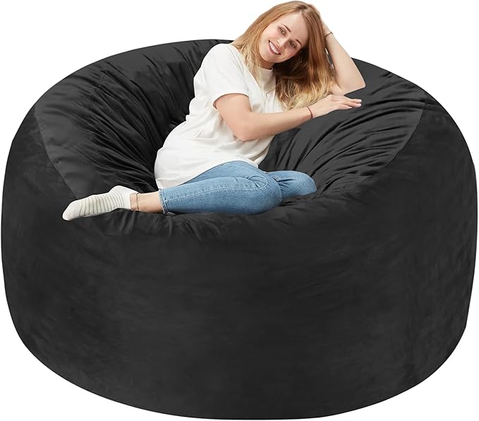 Homguava 4 FT Bean Bag Chair: 4' Bean Bags with Memory Foam Filled, Large Beanbag Chairs Soft Sofa with Dutch Velvet Cover-Black