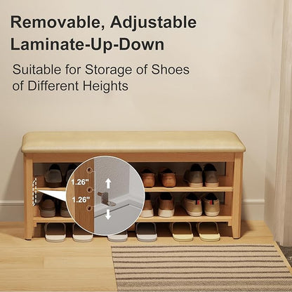 Wood Shoe Rack Bench for Entryway, Shoe Rack for Front Door Entrance with Leather Cushion, 2 Tier Shoe Bench with Shoe Storage for Entryway, Bedroom.