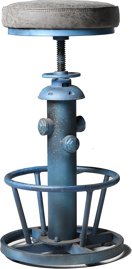 Topower American Antique Industrial Round Bottom Adjustable Height Cafe Coffee Retro Vintage Stylish Water Pipe Design Pub Kitchen Bar Stool (Antique Blue, PU Leather Top)