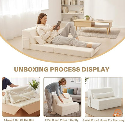 Tiita Convertible Folding Sofa Bed Single Size for Adults with Pillow, Plush Fabric Floor Mattress Couch Bed, Washable Cover & Side Pocket, Guest Room, Dorm, Apartment, Living Room, Beige