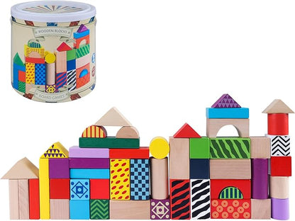 50 Pcs Wooden Building Blocks Set with Storage Bucket, Montessori Stacking Blocks & Shape Sorting Toys for Toddlers, Preschool Learning Toys for Boys & Girls, Kids Brightly Colored Blocks