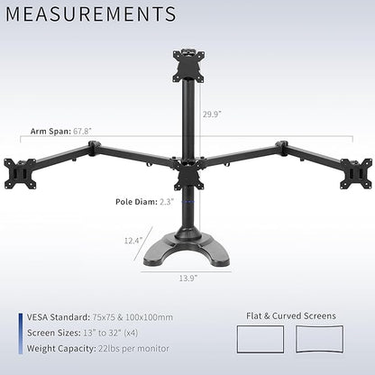 VIVO Quad Monitor 13 to 32 inch LED LCD Freestanding Desk Stand, 3 Plus 1 Articulating VESA Computer Mount, Holds 4 Screens, Fully Adjustable for Home Office Workstation, Black, STAND-V104F