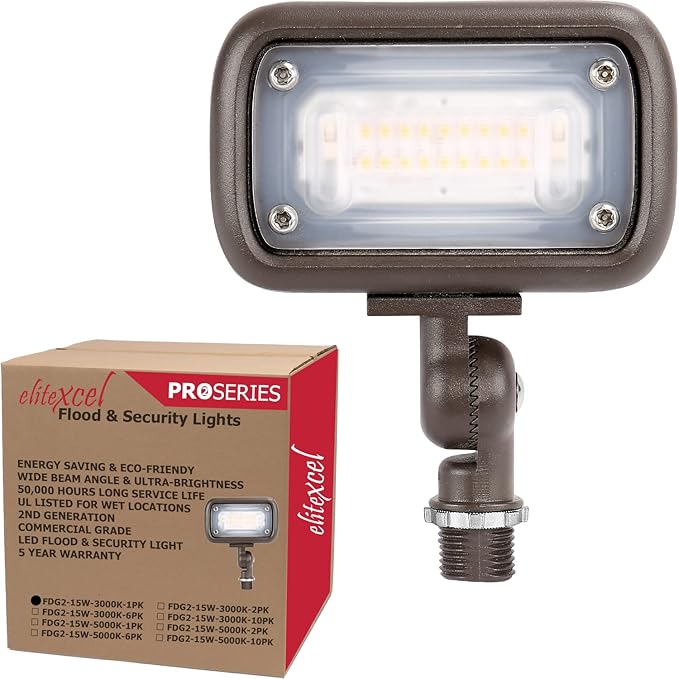 Gen2 Outdoor LED Landscape Light - 50W MH Equal, Waterproof, 15W, 1370 Lumen, 3000K Warm White - Backyard Walkway Security Light, 1/2" Knuckle Mount, 120-277V, 5 Year Warranty