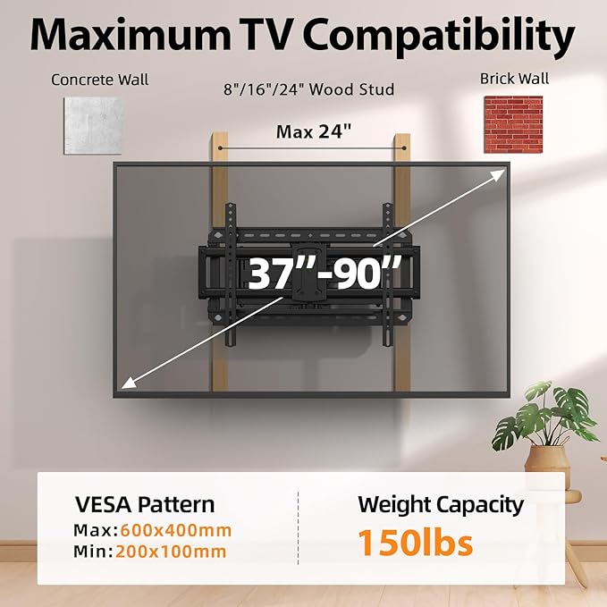 Full Motion 75 85 86 90'' TV Wall Mount Bracket, Loads 150 lbs Heavy Duty TV Mount, Swivel Tilt Extension Level, Complete Metal Bars & Wall Plate, up to 600x400mm VESA & 24'' Wood Studs