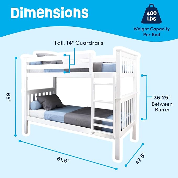 Max & Lily Bunk Bed Twin over Twin, Solid Wood Bunk Bed Frame with Ladder for Kids, 14" Safety Guardrails, Easy Assembly, No Box Spring Needed, White