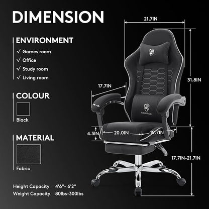 Gaming Chair Breathable Fabric,Computer Office Chair with Footrest,Massage Lumbar Support and Gel Pad,Ergonomic Reclining Adjustable Gamer Chair with Headrest and Spring Cushion Black