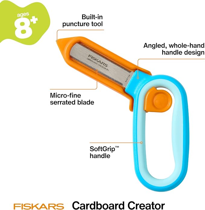 Fiskars Kids Cardboard Creator – Safer Cardboard Cutting Tool with Ergonomic SoftGrip Handle, For Craft and School Supplies, 5 inches