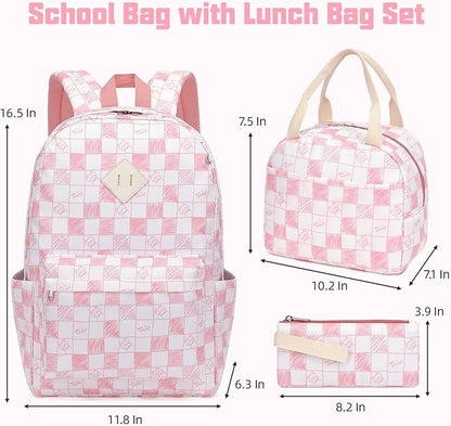 School Backpack for Girls, 3PCS Bookbags Set with Lunch Box Pencil Pouch Elementary Middle School Bag Laptop Back Packs (Cat Checkered Pink)