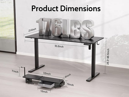 55x24 Inches Electric Standing Desk With Drawer and Monitor Stand, Height Adjustable for Home Office, Ergonomic Sit to Stand With Phone Holder, 3 Hooks, Black