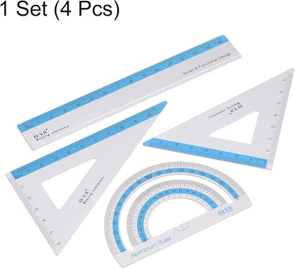 HARFINGTON 4pcs Geometry Set 15cm Metric Measure Ink Printing Aluminum Ruler Metal Ruler Set Triangle Protractor Ruler Tool Set for Classroom, Office, Home, Blue