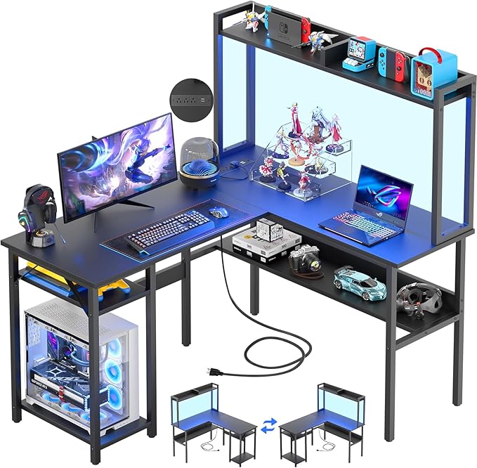 Unikito L Shaped Gaming Desk with LED Strip and Power Outlets, Reversible L-Shaped Computer Desk with Storage Shelves, Corner Desk with Hutch, 2 Person Home Office Desk, Black