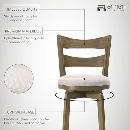 Armen Living Blair 30 in. Putty Brown Bar Height Rubberwood Swivel Barstool with Cream Fabric Seat - Set of 3