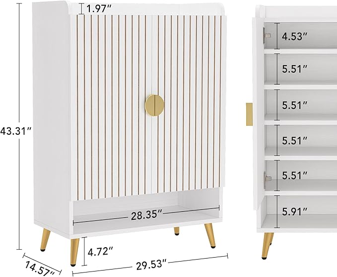 Tribesigns Shoe Cabinet with Doors, 6-Tier Shoe Storage Cabinet with Adjustable Shelves, Wooden Shoes Rack Shoe Storage Organizer for Entryway, Hallway, Closet, Living Room, White & Gold