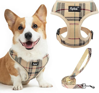 PUPTECK Soft Mesh Dog Harness and Leash Set Pet Puppy Cat Comfort Padded Vest No Pull Harnesses, Beige, XL