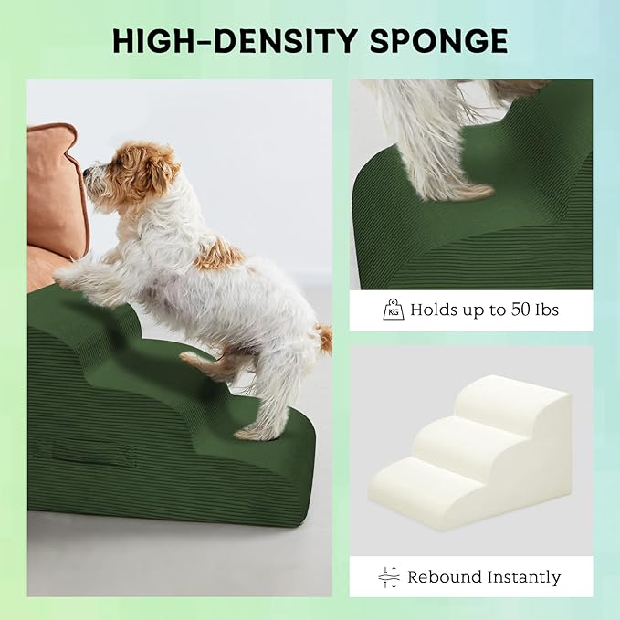 Dog Steps for Small Dogs, 4-Step Pet Ramp Stairs for High Beds and Sofa, Non-Slip Pet Stairs for Small Dogs and Cats, Removable and Easy to Clean Cover, Green
