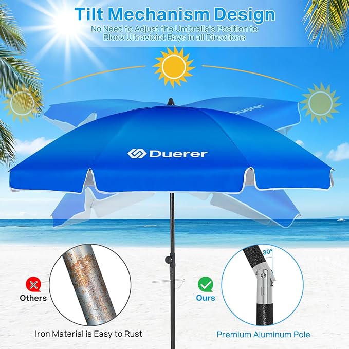 Duerer Beach Umbrellas, 8.5FT Beach Umbrella for Sand with Anchor Heavy Duty Windproof, Height Adjustable Tilt Iron Pole, Portable Beach Umbrella with Carrying Bag for Beach, Patio Garden Outdoor