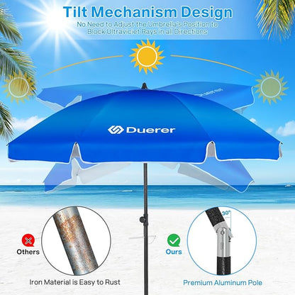 Duerer Beach Umbrellas, 8.5FT Beach Umbrella for Sand with Anchor Heavy Duty Windproof, Height Adjustable Tilt Iron Pole, Portable Beach Umbrella with Carrying Bag for Beach, Patio Garden Outdoor