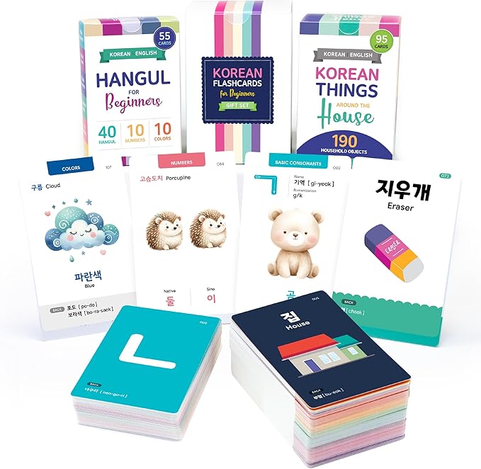 Korean Flashcards 2-Pack Beginner Gift Set - 40 Hangul, Numbers, Colors & Things Around The House Voc for Beginners with MP3 Audio