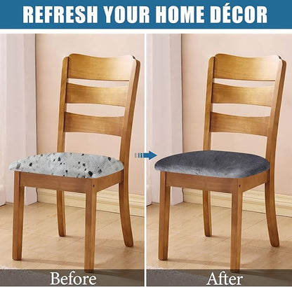 Smiry Velvet Seat Covers for Dining Room Chair Set of 2, Stretch Fit Removable Washable Chair Seat Cushion Protector Slipcovers with Ties, Dark Grey
