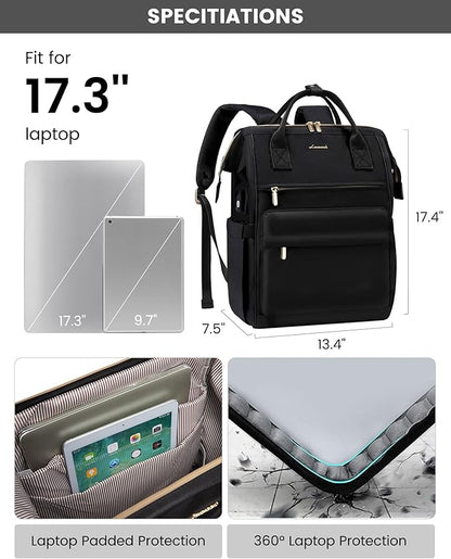LOVEVOOK Laptop Backpack for Women, 17 Inch Work Teacher Nurse Bag, Large Capacity Business Computer Backpack Purse with USB Port, Stylish Casual Daypack for Travel,Black