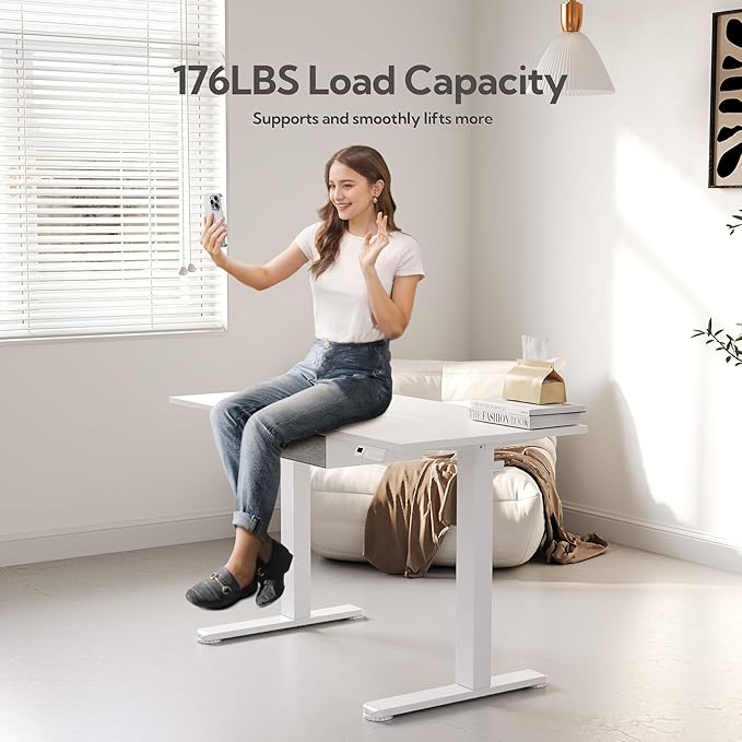 Seang Standing Desk with Drawer, 55" x 24" Height Adjustable Stand Up Desk, 3 Memory Height Settings with Cable Grommets & Storage Hooks, Ideal for Home & Office, White