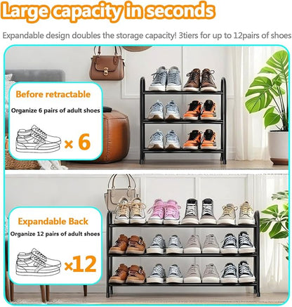 Expandable Shoe Rack, 3 Tier Adjustable Shoe Organizer Shelf for Closet,Slim Narrow Black Metal Free Standing Shoe Rack Storage for Small Space, Entryway, Hallway