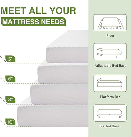 5 Inch Full Size Mattress for Kids, Memory Foam Mattress with Cooling Green Tea Gel, Relieve Pressure with Medium Firm Support, CertiPUR-US Certified, 75''L x 54''W, White