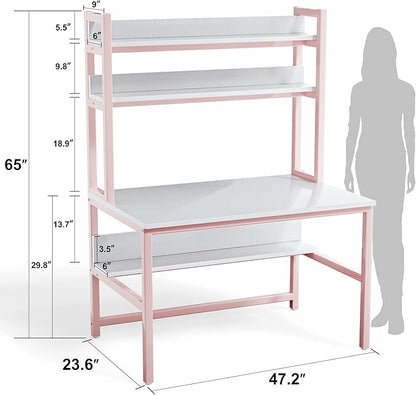 Aquzee Pink Desk with Hutch for Girls, 47in Computer Desk with Bookshelf for Teens Adults, Craft Table for Bedroom Kids Room, White Pink Study Table with Shelves for Storage