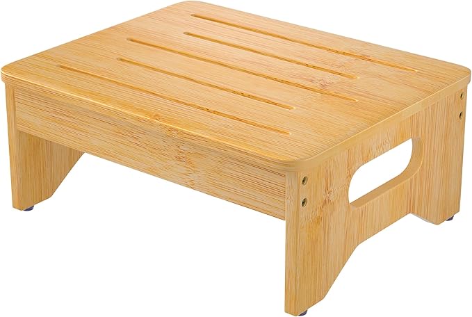 Wooden Step Stool for Adults & Kids, Non-Slip Rubber Feet, 6.5 Inch High, Lightweight Small Step, 400 Lbs Capacity, Bed Step Stool for High Bed, Bathroom & Kitchen, Bamboo