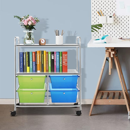 COSTWAY 4-Drawer Storage Cart, Mobile Storage Organizer w/Steel Frame & 360° Wheels, 4-Drawer Utility Cart for Living Room, Kitchen, Bathroom & Office, Green & Blue