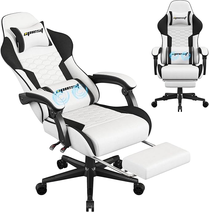 Gaming Chair, Computer Chairs for Adults with Lumbar Support and Massager, Comfortable Gamer Chair with Footrest & Pocket Spring Cushion, Ergonomic Home Office Chair, White, Fabric