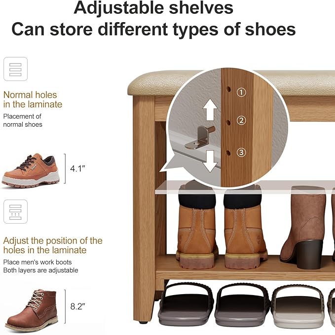 Wood Shoe Rack Bench for Entryway, Shoe Rack for Front Door Entrance with Leather Cushion, 2 Tier Shoe Bench with Shoe Storage for Entryway, Bedroom.