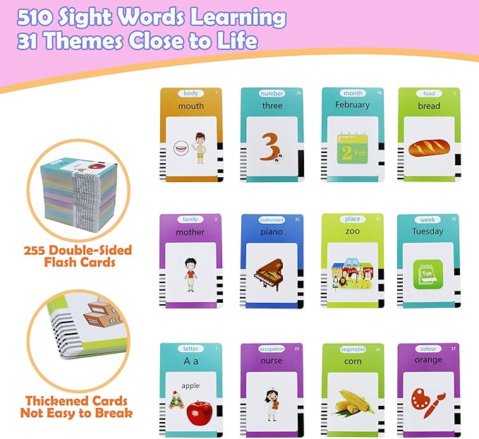 Spanish & English 510 Words Alphabet Bilingual Talking Flash Cards for 3-8 Years Toddlers, Pocket Speech Buddy Therapy Autism Toys, Educational Learning Interactive Toy for Boys Girls Kids Gifts Pink