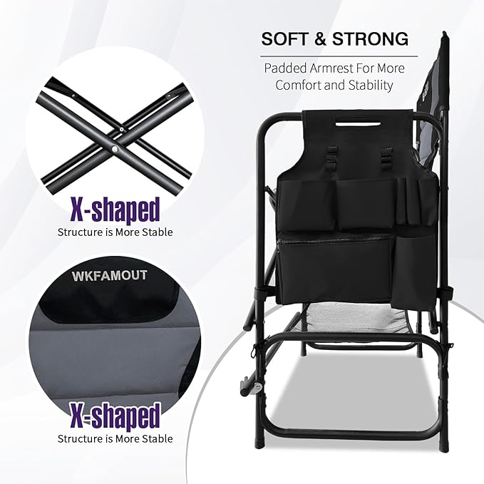 Tall Folding Directors Chair with Side Table 30.71" Seat Height Foldable Camping Chair Bar Stool for Makeup Artist Face Painting with Footrest and Storage Pocket Supports 350LBS