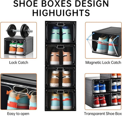 12 Pack Large Shoe Storage Box, Clear Shoe Storage Organizer with Magnetic Door, Stackable,Shoe Containers For Display Sneakers, Easy Assembly, Fit up to US Size 12, Black