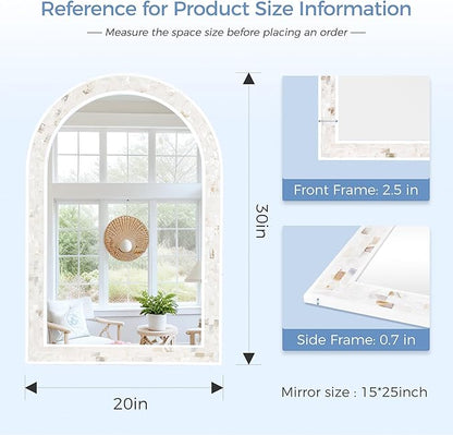 Tanmicoshomy Arched Bathroom Mirror 20x30 Inches, Natural Shell and White Wood Framed Mirrors with Tempered Glass for Bathroom Living Room Bedroom or Entryway