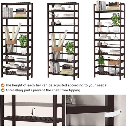 Homykic 6-Tier Bamboo Bookshelves and Bookcases, Adjustable 63.4”Tall Shallow Book Shelf Organizer Rack, Freestanding Storage Shelving Unit for Living Room, Kitchen, Bathroom, Office, Espresso