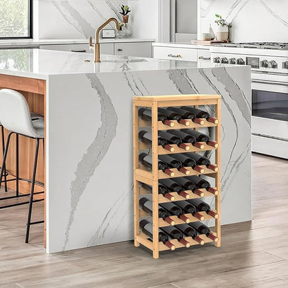 24-Bottle Bamboo Wine Rack Freestanding Floor, 6 Tier Wine Display Rack with Table Top, Wine Storage Shelf for Kitchen Dining Room Bar