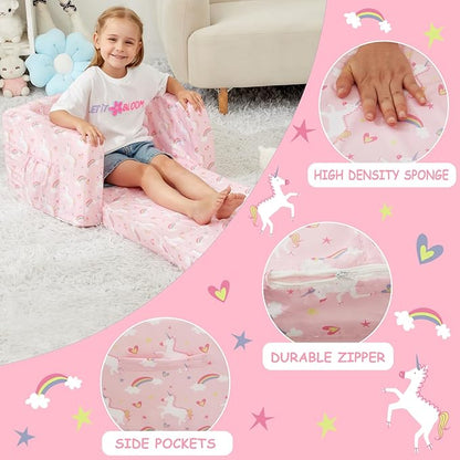 Viviland Kids Chairs for Toddler,2-in-1 Soft Toddler Couch Fold Out,Convertible Soft to Lounger Toddke Chair Comfy for Girls and Boys,Pink Unicorn