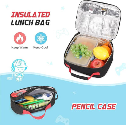 Bevalsa Backpack for School Boys, Cool Luminous Gamer Boys Backpack with Lunch Box & Pencil Pouch Set for Kids Children Teens Elementary Middle Schools, Schoolbag Bookbag Glow In The Dark (Red)