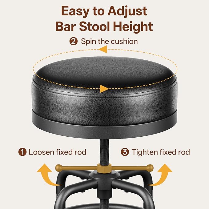 Adjustable Height Swivel Bar Stools Set of 2, 22-29 Inch Industrial Vintage Bar Counter Height Stools with Thicken Premium Bonded Leather Seats & Updated Footrests, Easy Assembly, Black
