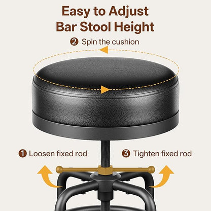 Adjustable Height Swivel Bar Stools Set of 2, 22-29 Inch Industrial Vintage Bar Counter Height Stools with Thicken Premium Bonded Leather Seats & Updated Footrests, Easy Assembly, Black