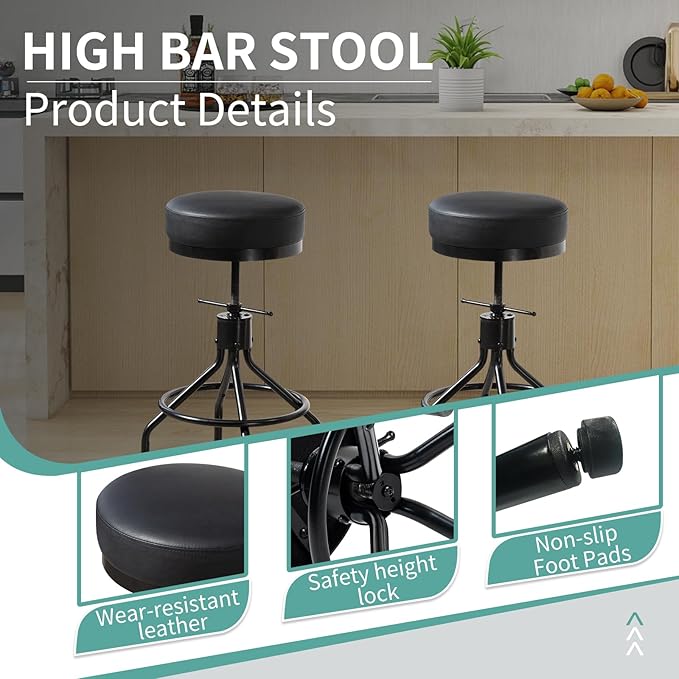 Counter Height Bar Stools Set of 2 Adjustable Swivel Barstools Modern PU Leather 28inch Round Backless Metal Industrial Stool Bar Chair for Kitchen Island (2, Black)