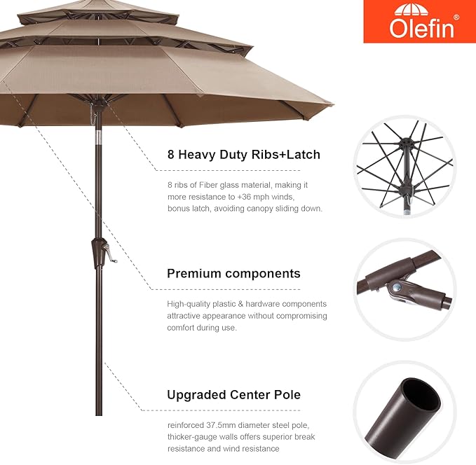 MASTERCANOPY 9ft 3-Tier Olefin Patio Umbrella with Tilt Crank, 5-Year-Non-Fading Canopy & 8 Fiberglass Ribs for Deck, Patio, and Garden, Light Gray & White